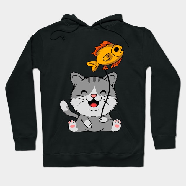 Happy Cat, Fresh Catch: Whimsical Fish Hook Wall Art Hoodie by Hashed Art